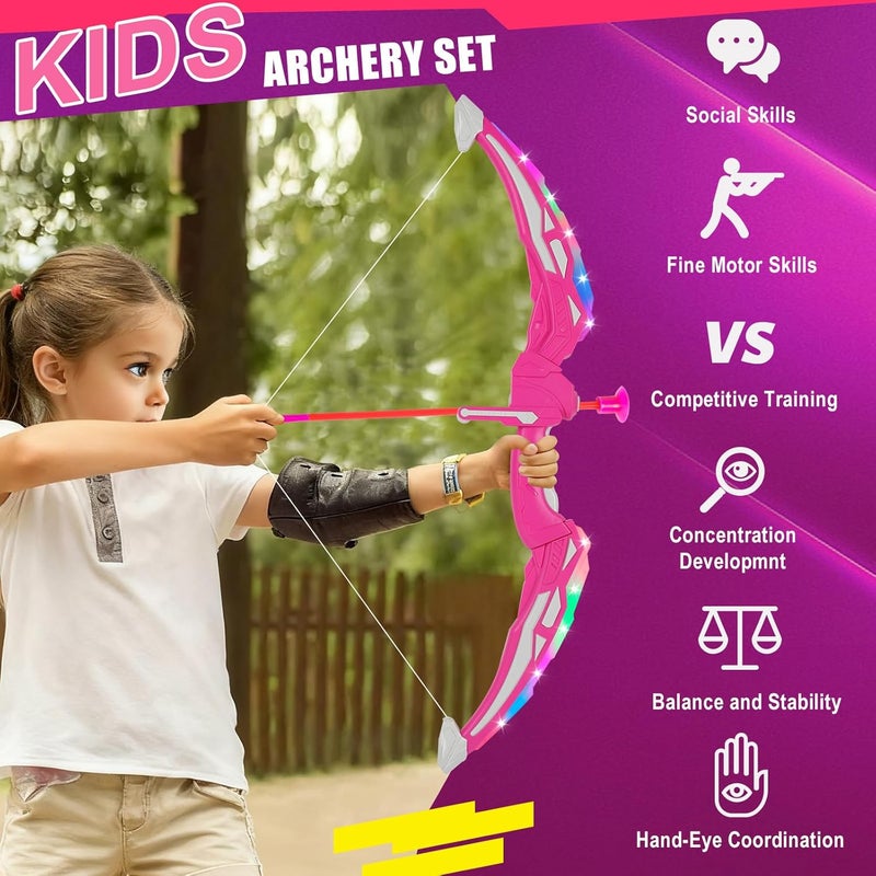 TWFRIC 2 Pack Bow and Arrow for Kids Sports and Outdoor Play Toys Archery Set with LED Light Up 16 Arrows 1 Standing Target 2 Quiver Indoor Outdoors Toy for Age 3-12 Year Old Boy Girl Gift (Pink) - Image 2